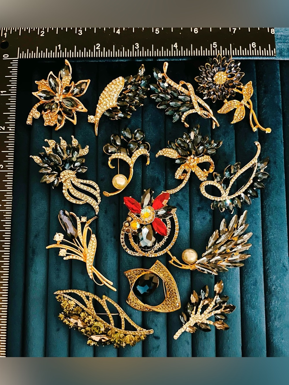 14pc Vintage Style Navy Blue Brooch Lot Sapphire Crystal Flower Heavywork Pins
